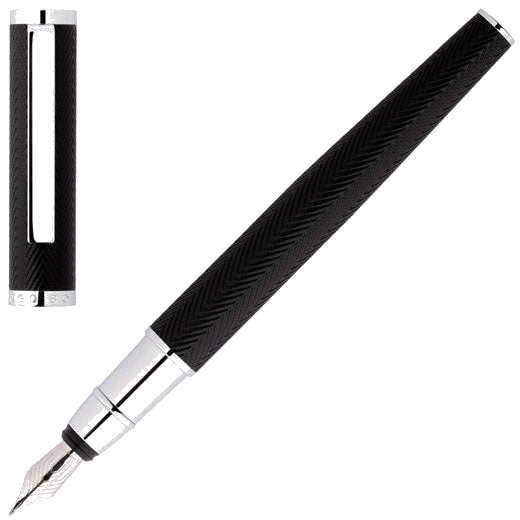 This is the Black & Chrome Formation Herringbone Fountain Pen designed for Hugo Boss.