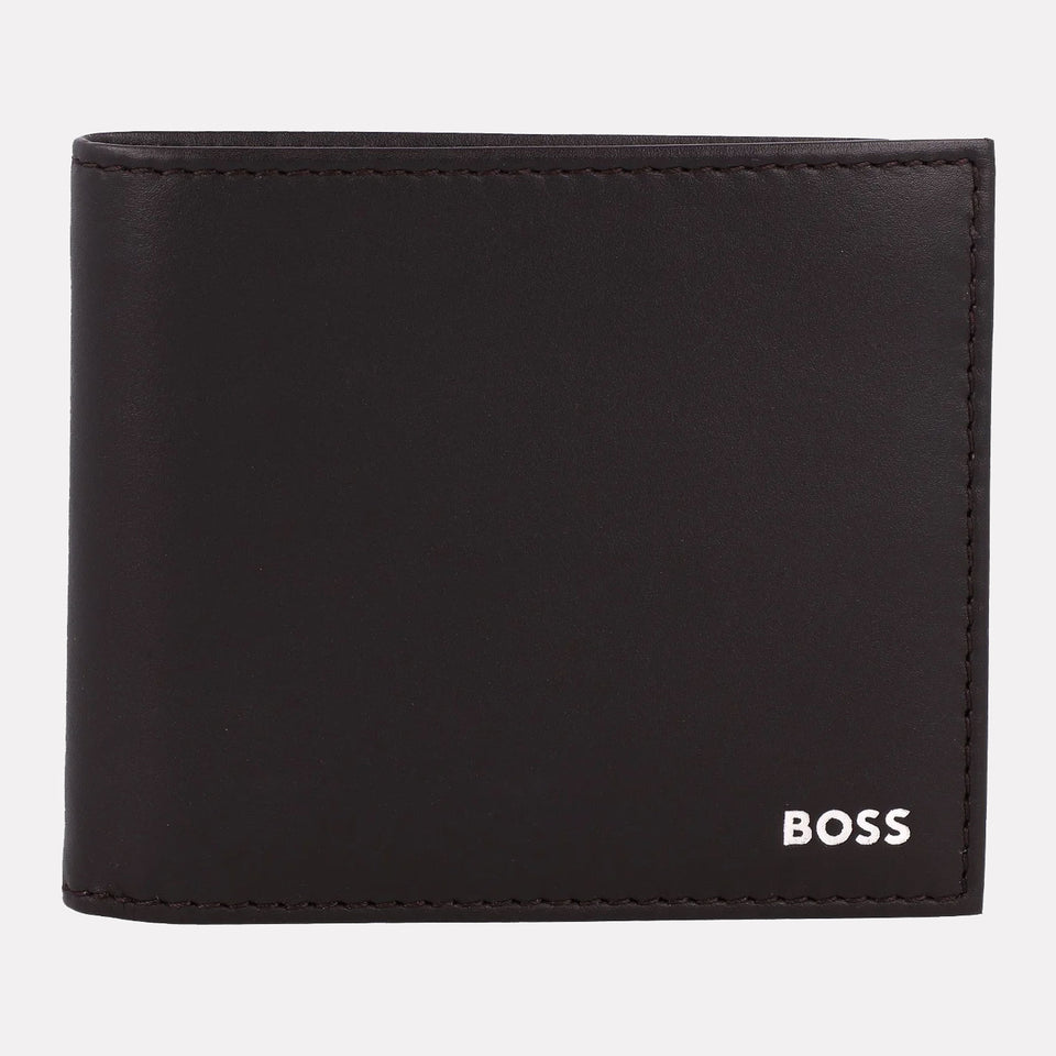 Dark Brown leather wallet with 'BOSS' branding on a white background