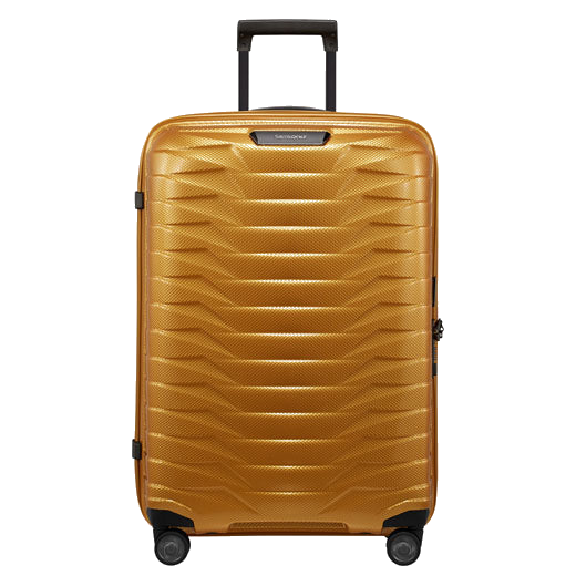 Samsonite's Proxis Honey Gold Spinner Suitcase, 69 cm has a slight sheen on the surface of the hard shell exterior.