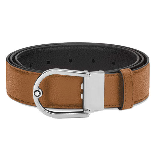 Montblanc's Horsheshoe Palladium Pin Buckle Reversible Leather Belt has been made from grained leather with shiny palladium trims.
