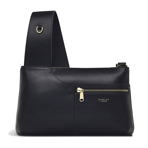 Radley's Black Leather Pockets Icon Zip Top Crossbody Bag is made out of smooth leather and gold hardware.