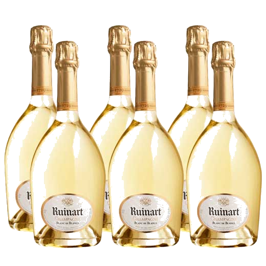 Six bottles of Ruinart Blanc de Blancs Champagne.
