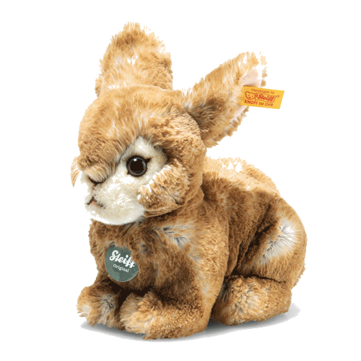 Steiff's Melly the Rabbit, 20 cm, Teddies for Tomorrow is made with polyester and a synthetic filling that was made using recycled bottles.