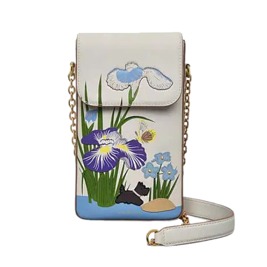 Montblanc's RHS25 Chalk Leather Floral Phone Cross Body has a matching leather cross body strap with gold chain detailing.