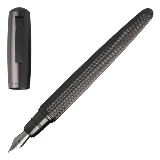 Full view of the Hugo Boss dark grey metal Pure Fountain pen with cap off.