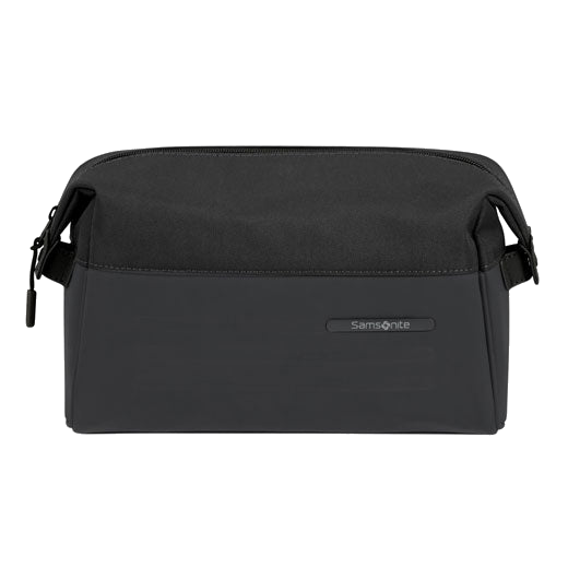 This Samsonite Stackd Toilet Kit Pouch in Black has a small black rubber plaque on the front with the Samsonite brand name.