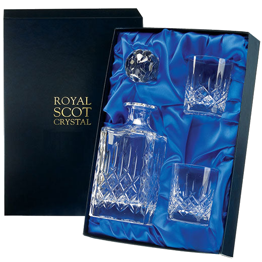 royal scot crystal london square decanter with 2 tumblers packaging
