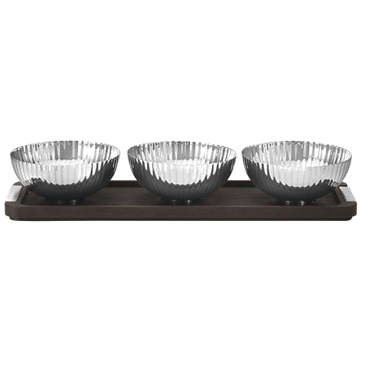 This is the Georg Jensen Smoked Oak Bernadotte Tray with Stainless Steel Bowls.