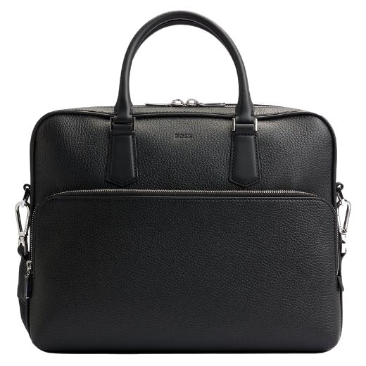 This Crosstown Italian Leather Black Document Case by BOSS has a front zip pocket and main compartment with a dual zip.