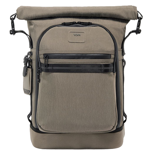 TUMI's Alpha Bravo Brown Ally Roll Top Backpack is crafted out of recycled nylon.