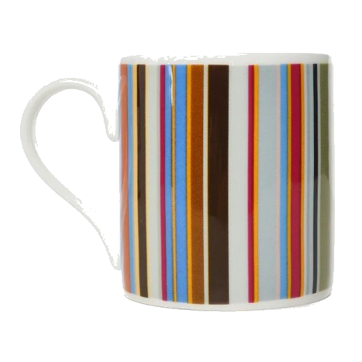 This Signature Stripe Print Bone China Mug by Paul Smith has a red, blue, and brown signature stripe print.