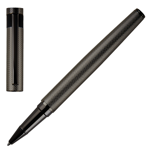 This Hugo Boss Loop Diamond Gunmetal Rollerball Pen has an intricate diamond loop pattern engraved.