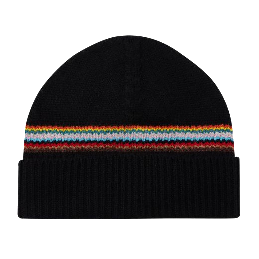 This Paul Smith Black 'Signature Stripe' Block Lambswool Beanie Hat features a stripe design across the middle with a turned-up edge in ribbed knit.