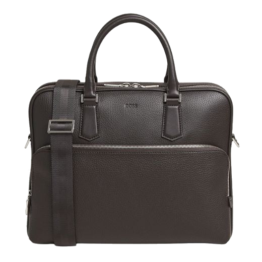 This BOSS Crosstown Grained Italian Leather Brown Document Case has two leather top handles and a detachable shoulder strap.