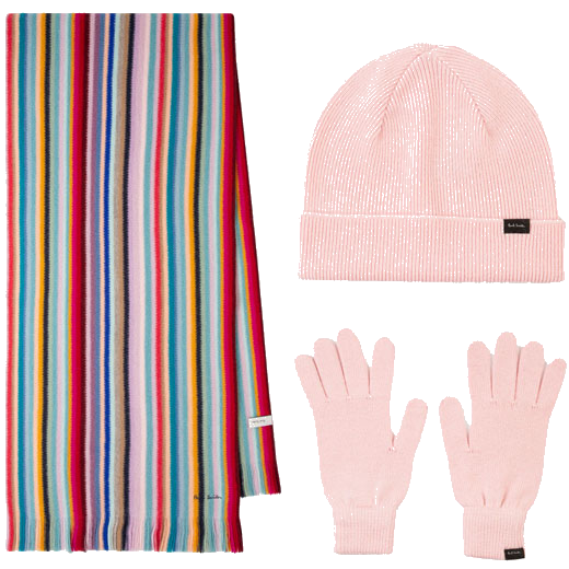 This Women's Stripe Scarf, Pink Gloves & Hat Gift Set is designed by Paul Smith.