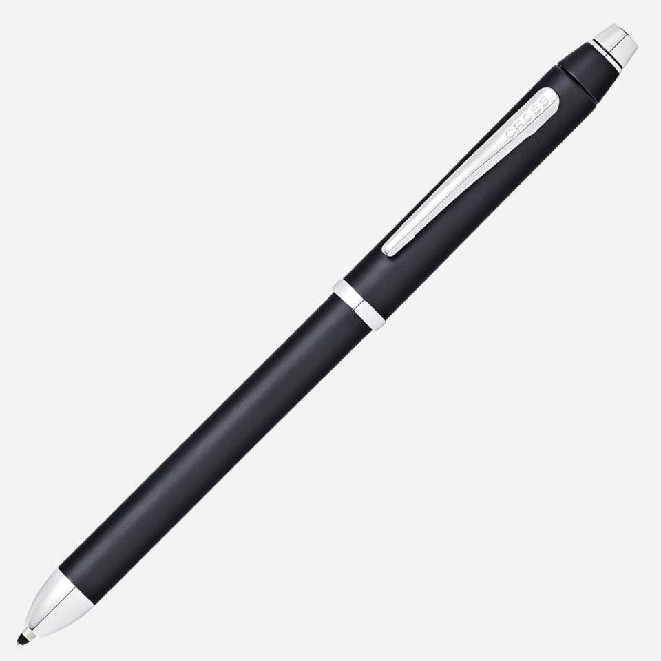 This CROSS Tech3+ Satin Black and Chrome Multi-Function Pen is made out of black lacquer with polished chrome trims.