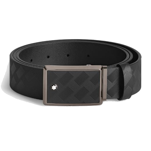This Extreme 3.0 Shiny Ruthenium Black Leather Belt 35mm by Montblanc has a rectangular pin buckle with the snowcap emblem.