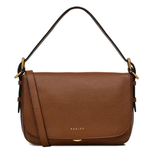 This Radley Graffton Street Saddle Small Flapover Cross Body Bag comes in dark brown cowhide leather with a grained texture.