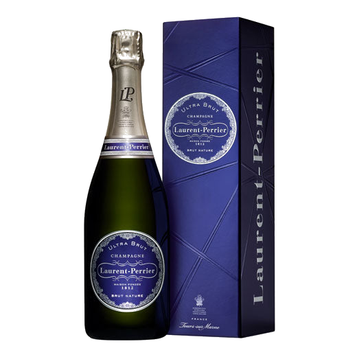 Bottle of Laurent Perrier Ultra Brut champagne comes in a blue giftbox.