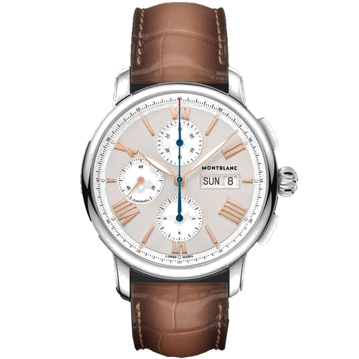 This Montblanc Star Legacy Stainless Steel Chronograph Day & Date Watch features rose-gold numerals.