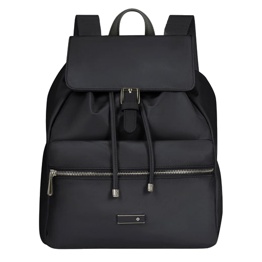 Samsonite's Zalia 3.0 Backpack with Buckle has a front flap closure into the main compartment which has a drawstring top.