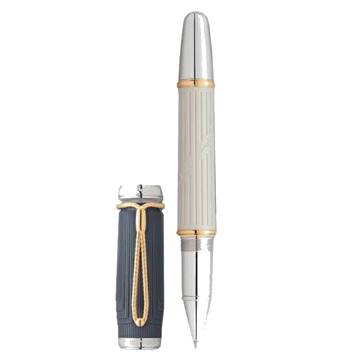 The Montblanc Jane Austen Writers edition rollerball pen comes with a cream barrel and blue cap with gold trim.