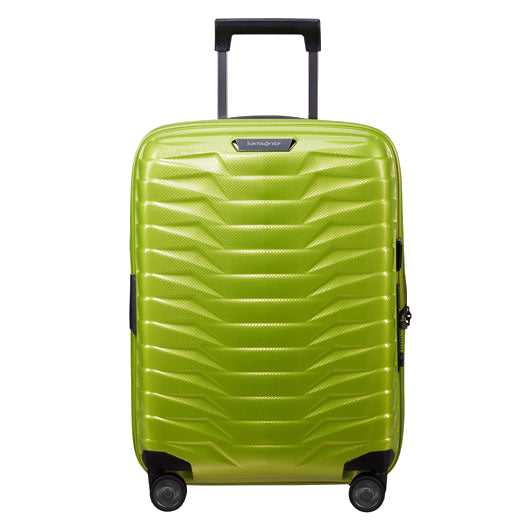 Samsonite's Proxis Spinner Expandable Lime Carry On Case, 55 cm has a bright lime exterior with black trims.
