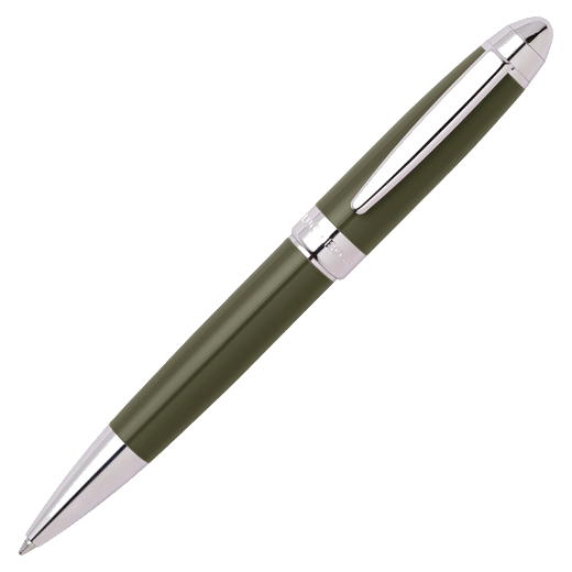 This Hugo Boss Icon Khaki and Chrome Ballpoint Pen is made with lacquer and brass with polished chrome.