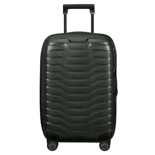 Samsonite's Proxis Spinner Expandable Carry On, Matt Climbing Ivy 55 cm has four spinner wheels that all have the Samsonite brand logo engraved.