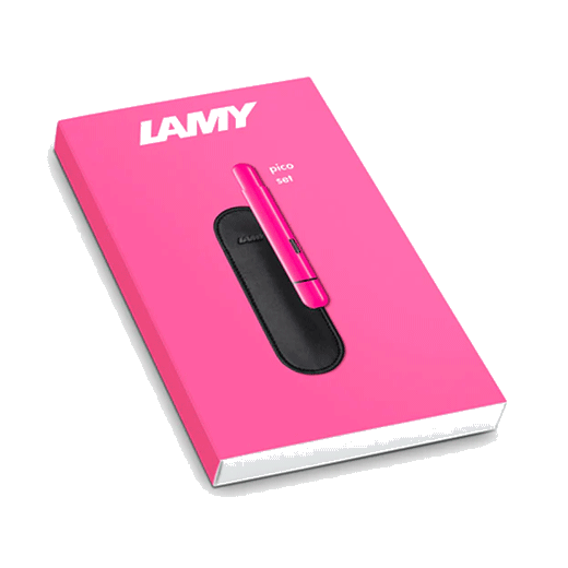 This Pico Neon Pink Ballpoint Pen Set by LAMY has the pocket pen with a slip leather cover.