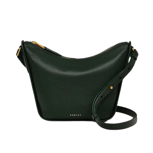 This Radley Oak Street Racing Green Small Cross Body Bag is made out of cowhide with a grained texture.