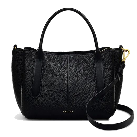 Radley's Hillgate Place Black Leather Small Grab Bag is made with grained leather and a bonded faux suede for the lining.