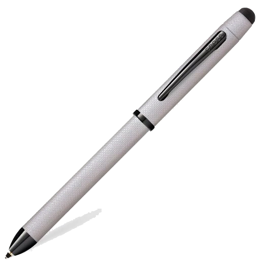 This Cross Tech3+ Brushed Chrome Multi-Function Ballpoint Pen has an engraved pattern all over with black trims to contrast.