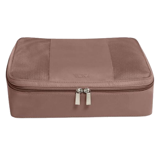 TUMI's Medium Packing Cube in Light Mauve has a dual zip in polished silver.