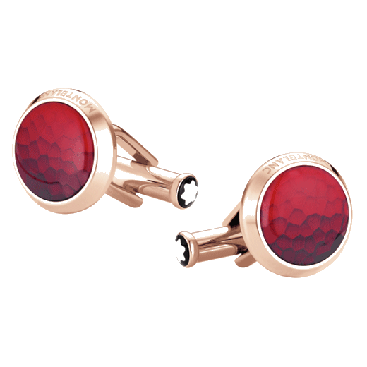 Montblanc's Meisterstück Rose Gold Cufflinks with Red Lacquer have the brand name engraved along the edge.