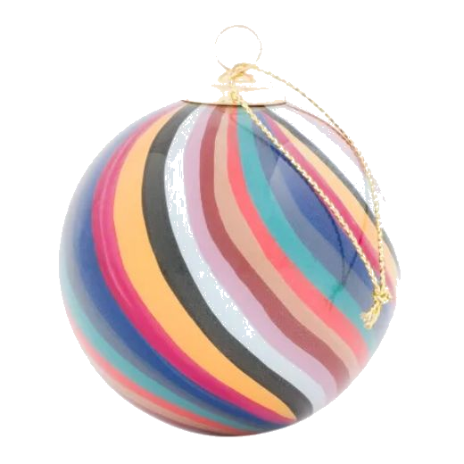 This Paul Smith Hand-Painted Swirl Glass Bauble has a gold string on the top to secure the bauble on a tree branch.