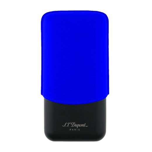 This Matte Black & Neon Blue Leather Triple Cigar Case by S.T. Dupont can carry up to 3 cigars and has a stainless steel case with a leather lid.