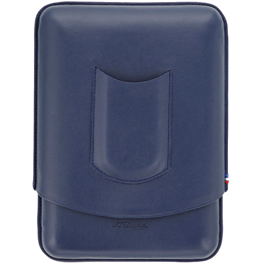 This Dupont blue leather cigar case comes with a front pocket for a cigar cutter.