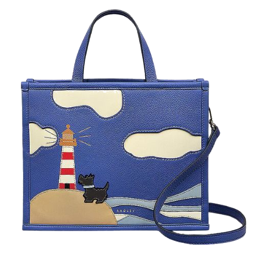 This Radley Shore Thing Yves Blue Medium Multiway Bag has an applique front with the Scottie Dog looking up at the lighthouse.