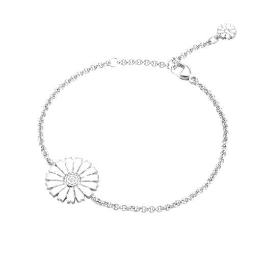 This Sterling Silver Daisy White Enamel Bracelet by Georg Jensen is a delicate bracelet with the centre Daisy embellishment that has been decorated in white enamel.