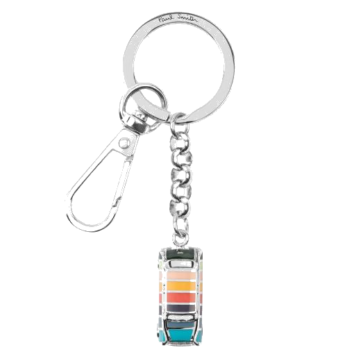 Paul Smith's Silver Artist Stripe Mini Keyring has a striped enamel inlay on the Mini car charm with contrasting polished silver trims.
