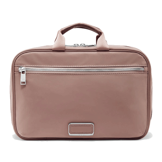 TUMI's Voyageur Mauve Madeline Cosmetic Case has a leather patch on the front that can be personalised with embossing.