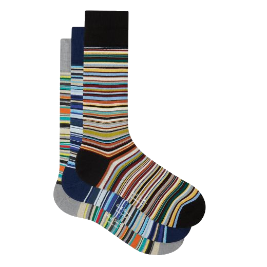 Paul Smith's Men's Signature Stripe Novelty Socks 3 Pack are made out of a cotton blend with a soft to the touch feel.