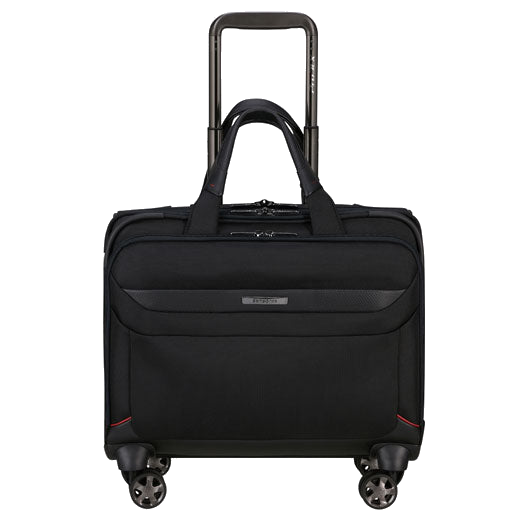 This Samsonite Pro-DLX 6 Laptop Cabin Bag with Wheels has 4 spinner wheels with the brand logo engraved.