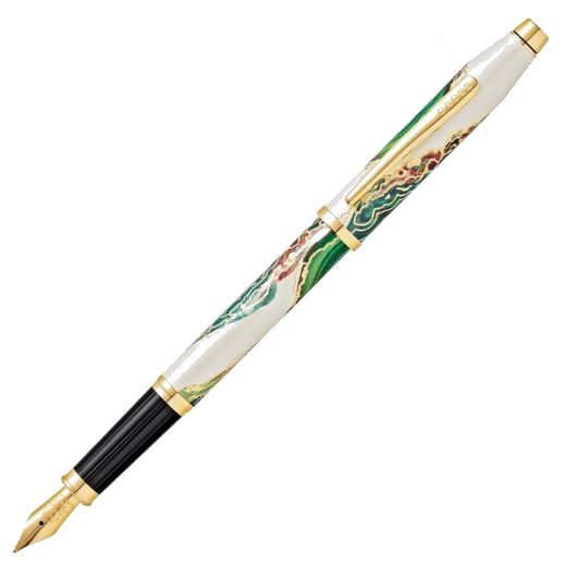 This Wanderlust Borneo Fountain Pen by Cross has rose gold accents with a gold-plated nib that has the Cross engraving on there.