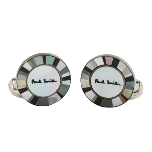 The Circular Mother of Pearl and Onyx Logo Cufflinks by Paul Smith.