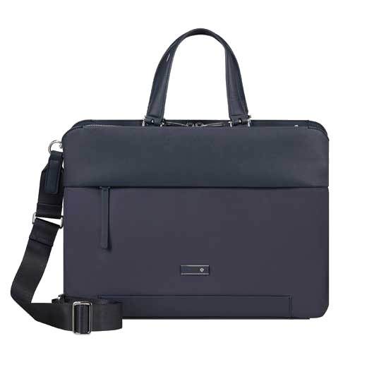 Samsonite's Zalia 3.0 Briefcase 14.1" in Dark Navy has a detachable shoulder strap with silver hardware.