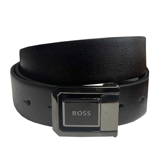 This BOSS black leather belt comes with the logo on the buckle and with a reversible strap.