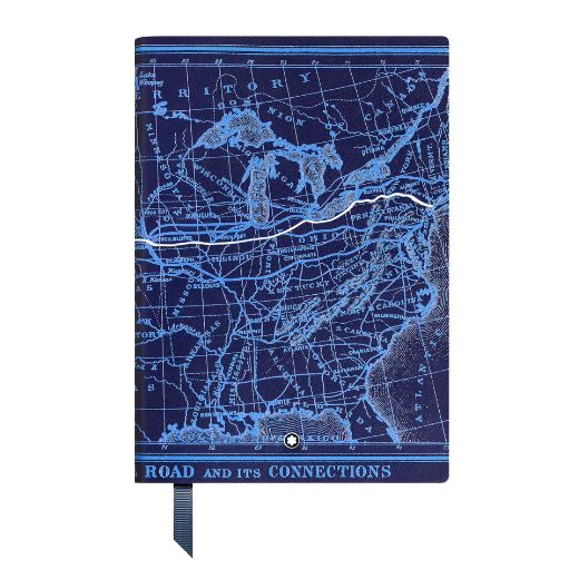 Montblanc's MST #146 Around the World in 80 Days Lined Blue Notebook has a blue grosgrain ribbon and a silver finish around the edges.