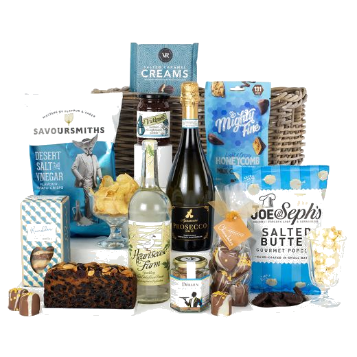 The Indulgence Hamper by Wheelers luxury hampers comes with sweet and savoury snacks.